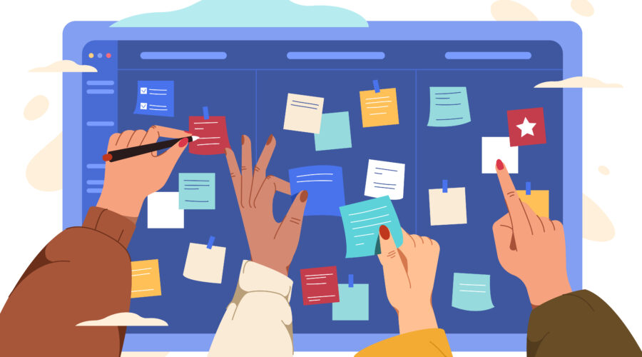 Teamwork note making images of 4 illustrated hands applying stick notes to a board