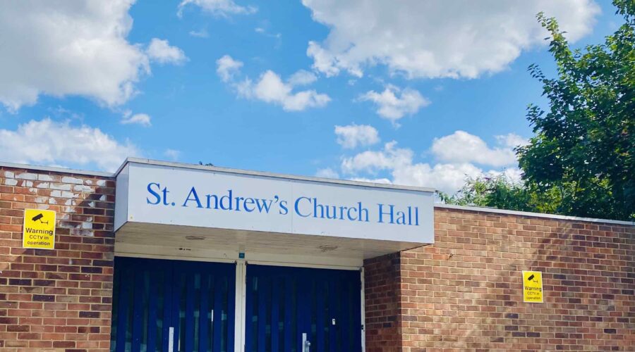 Front entrance to St Andrews Church Hall in Thornton Heath. Blue sky & white cloudsin background.