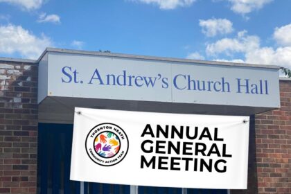 Photo of St Andrew's Church Hall with blue skies and clouds. Banner depicting TCAT logo and text: Annual General Meeting