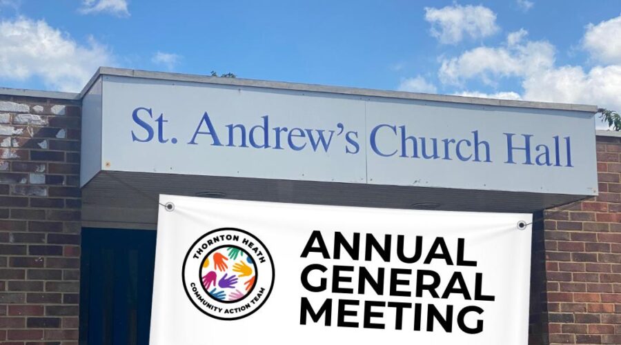 Photo of St Andrew's Church Hall with blue skies and clouds. Banner depicting TCAT logo and text: Annual General Meeting